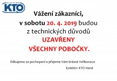 V sobotu 20. 4. 2019 zavřeno 